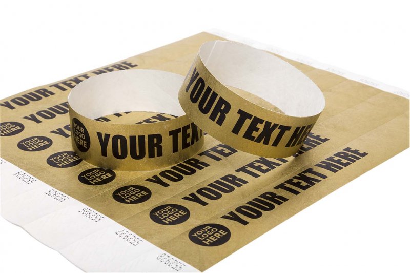 100 Premium Custom Printed Gold Tyvek Wristbands