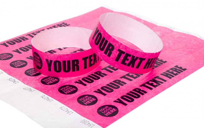 100 Premium Custom Printed Neon Pink Tyvek Wristbands