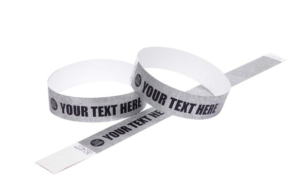 5000 Premium Custom Printed Silver Tyvek Wristbands 3/4" - Black Only