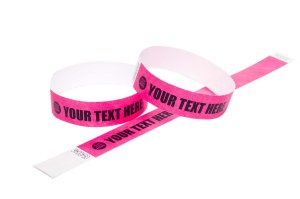 100 Premium Custom Printed Neon Pink Tyvek Wristbands 3/4″
