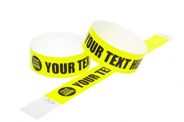 100 Premium Custom Printed Neon Yellow Tyvek Wristbands