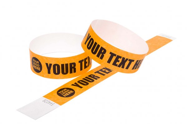 100 Premium Custom Printed Neon Orange Tyvek Wristbands