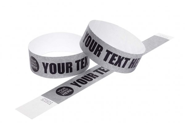 100 Premium Custom Printed Silver Tyvek Wristbands