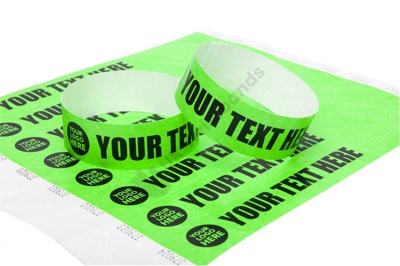 100 Premium Custom Printed Neon Green Tyvek Wristbands