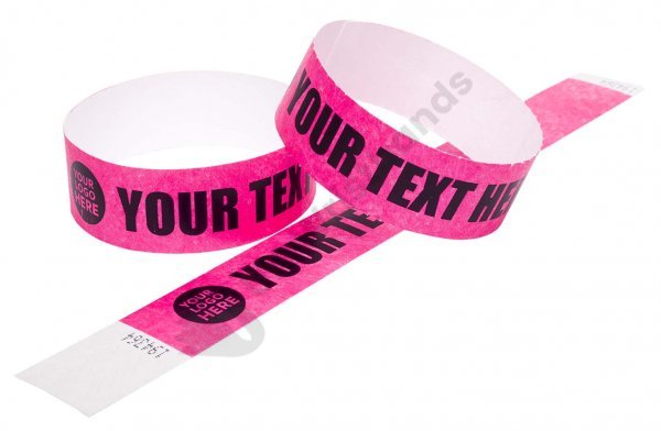 100 Premium Custom Printed Neon Pink Tyvek Wristbands